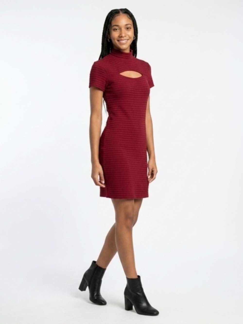 Planet Gold Ribbed Cutout Mini Dress in Wine